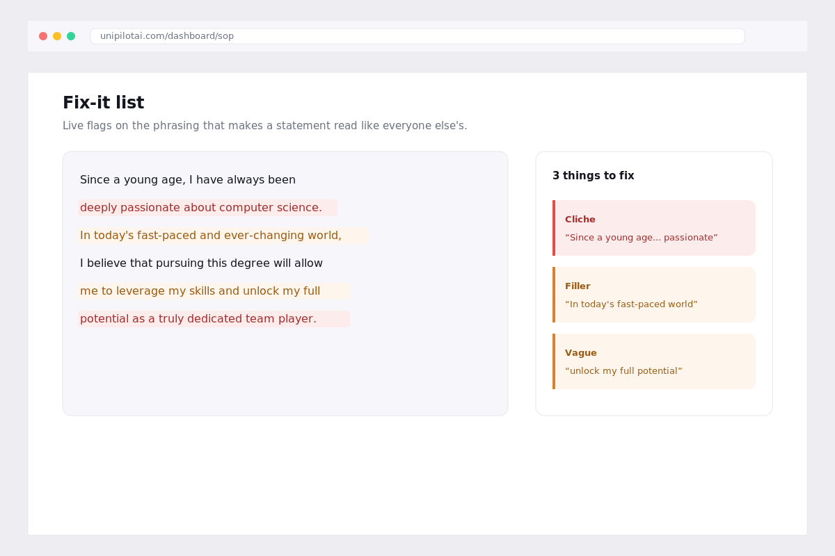 UniPilot Fix-it list flagging long sentences and vague words in an SOP draft