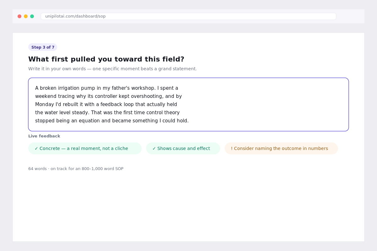 Guided SOP form with live feedback confirming the answer is concrete enough