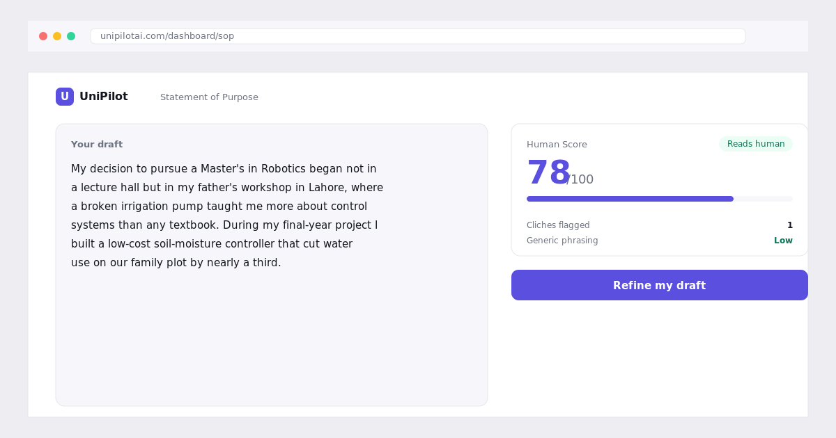 UniPilot statement of purpose builder showing a draft with its Human Score