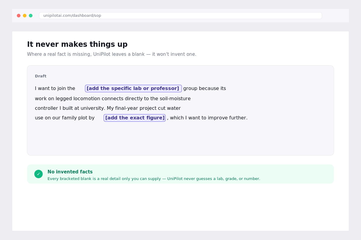 Generated SOP draft leaving a bracketed blank instead of inventing a course or metric